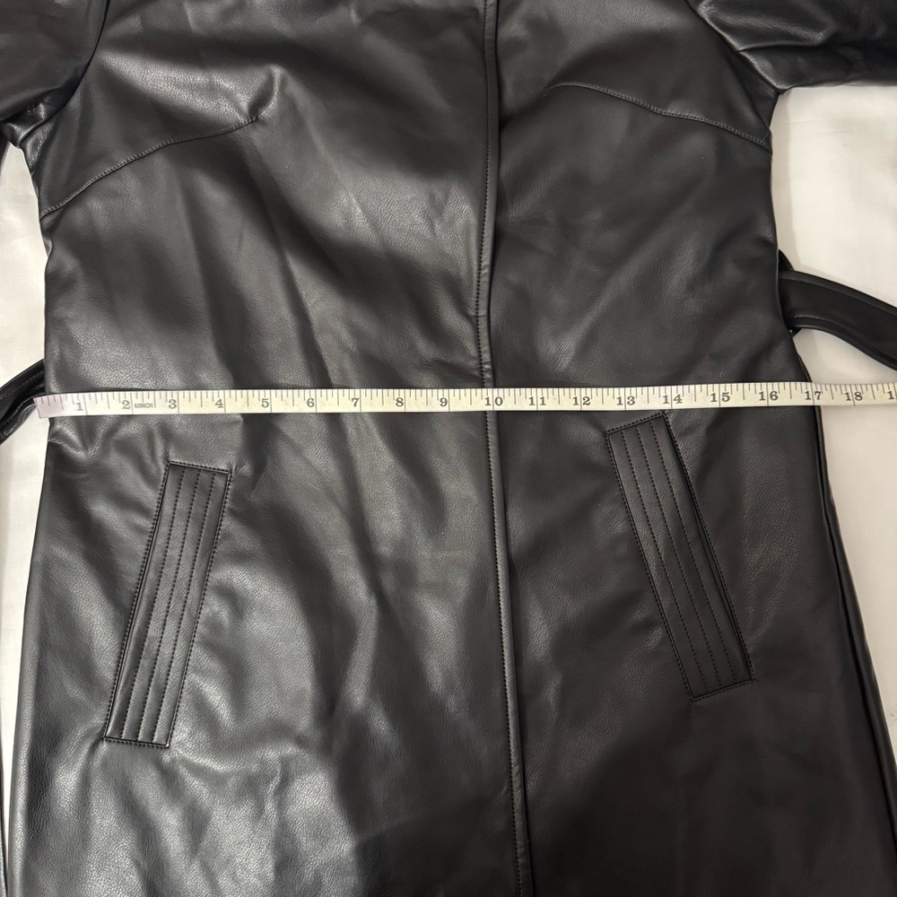 Black faux leather lapel collar belted open front trench coat - Picture 11 of 15